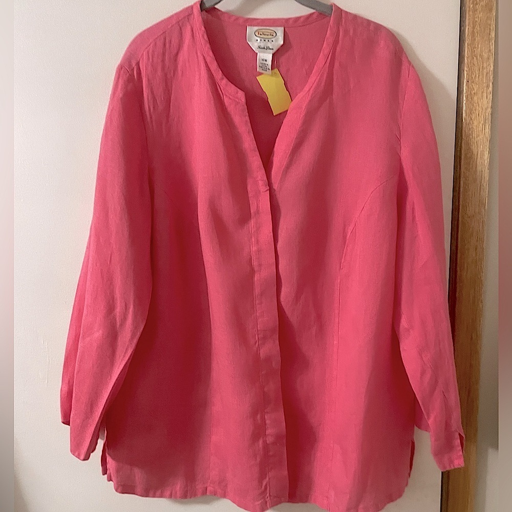 Talbots Vibrant Barbie Pink (14 W) 100% Linen, Tiny Square Hidden Buttons Shirt